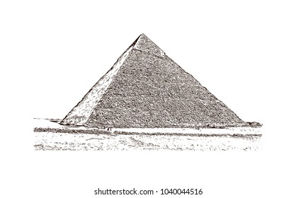 The Great Pyramid of Giza is the oldest and largest of the three pyramids in the Giza pyramid complex bordering what is now El Giza, Egypt. Hand drawn sketch illustration in vector.