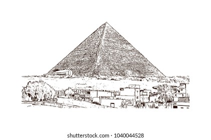 The Great Pyramid of Giza is the oldest and largest of the three pyramids in the Giza pyramid complex bordering what is now El Giza, Egypt. Hand drawn sketch illustration in vector.
