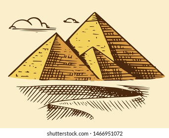 Great Pyramid of Giza. Seven Wonders of the Ancient World. The great construction of the Greeks. Hand drawn engraved vintage sketch.
