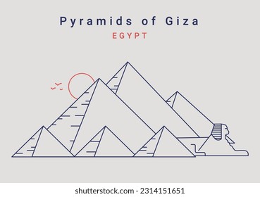 Great Pyramids of Giza, Egypt. Cairo sphinx. Famous Egyptian tomb isolated vector illustration. Flat style compositions. Minimalist hand drawn landmark. 