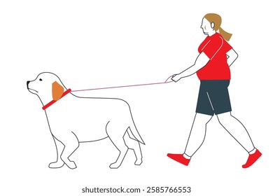 Great Pyrenees, dog walking, simple illustration of a fat woman walking Flat design with main lines