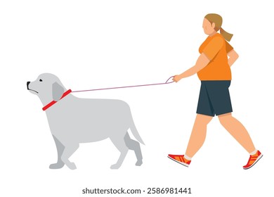 Great Pyrenees, dog walking, simple illustration of a fat white woman walking Flat design.