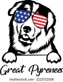 Great Pyrenees Peeking Dog With Cool Sunglasses With American Flag Vector Image Cute Great Pyrenees Dog 