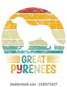 Great Pyrenees Retro Vintage Sunset T-shirt Design template, Great Pyrenees on Board, Car Window Sticker, POD, cover, Isolated white background, White Dog Silhouette Gift for Great Pyrenees Lover