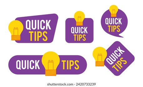 Great quick tips badges bundle. Badges with light bulb and «quick tips» words