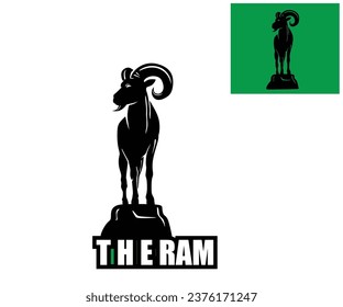 GREAT RAM STANDING AT ROCK LOGO, silhouette of horned goat stand elegantcy vector illustrations.