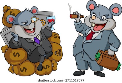 El gran rey de las ratas se inclinó entre los sacos de dólares de ilustración