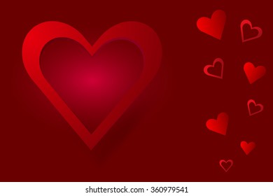 The great red heart frame is in the left  side of the vector. The red full and frame hearts are in the right side of the vector. Everything is on a red background with light in the center of heart. 