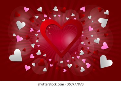 Great red heart frame is in the middle of the vector. It is surrounded by a number of red, white and pink hearts. Everything is on a red background with rays of light in the middle of the vector.