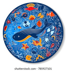 Great reef circular pattern - plate. Shells, fish, deep-sea animals of the sea and ocean. Beautiful marine aquarium. Isolated on white background. Ornament. Vector illustration.