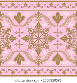 Great Regency Arts Pattern with Gold and Ivory on Brush Pink Background. Detailed Flawless Embroidery Scroll Ornament Decoration for Luxury Branding. Sweet Feminine Color Round Opulence Seamless Draw