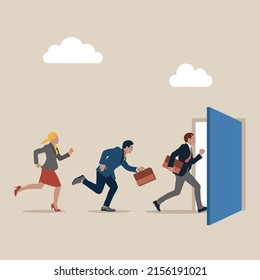 Great resignation, employee resign, quit or leaving company, people management or human resources problem concept, business people employee resign and walk through exit door.