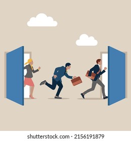 Great Resignation, Employee Resign, Quit Or Leaving Company, People Management Or Human Resources Problem Concept, Business People Employee Resign And Walk Through Exit Door.