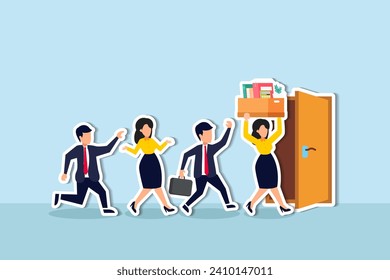 Great resignation, employee resign, quit or leaving company, people management or human resources problem concept, business people employee resign and walk through exit door.
