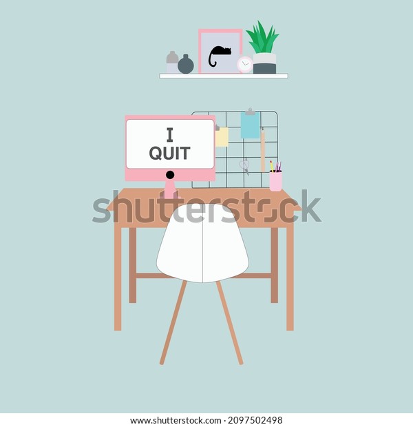 Great Resignation Vector Illustration. Office\
work space illustration. Quit my Job. Great Quit. Big Quit.\
Reshuffle work vector. Working station.\
