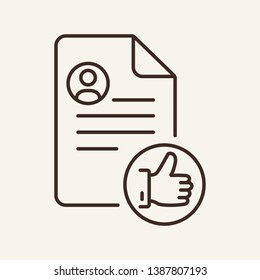 Great resume line icon. CV with photo and thumb up gesture. Human resource concept. Vector illustration can be used for topics like recruitment, head hunting, selection