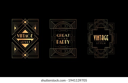 Great Retro Party Logo Templates Set, Vintage Art Deco Style Design Element for Invitation Card, Flyer, Banner, Poster, Cover Vector Illustration.