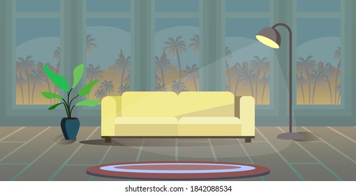 Great room design with windows, a beautiful bed and a view from the window. The best apartments for a holiday vacation.