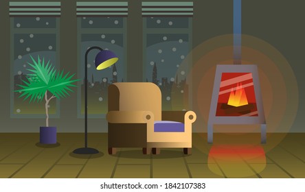 Great room design with windows, beautiful armchair, fireplace and window views. The best apartments for a holiday vacation.