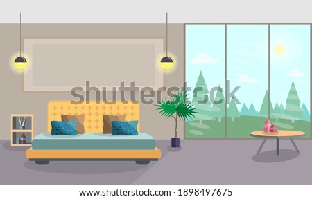 Great room design with windows, a beautiful bed and a view from the window. The best apartments for a holiday vacation.