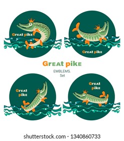 Great royal fish on the waves. Pike in the crown. Emblem with the inscription. Set. Design for the club of fishing enthusiasts, for baby textiles, for printing on fabrics, on t-shirts.