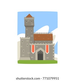 Great royal fortress with tower, red flags and iron grating on entrance. Landscape with medieval castle, clouds behind it. Flat vector design for postcard, game or children s book