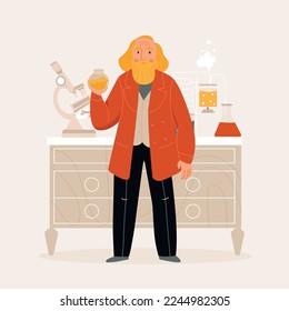 Great russian scientist dmitri mendeleev in his laboratory flat vector illustration