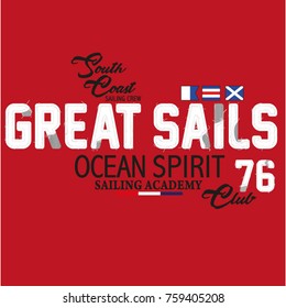 Great Sails, typography, t-shirt graphics, vector embroidery.