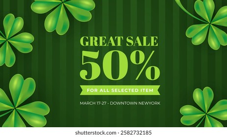 Great sale banner with green background with quatrefoils. Design of coupon, certificate, discount. Saint Patricks Day. Vector illustration for lifestyle, shopping, events