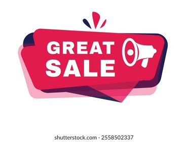 Great sale banner sign or tag modern red sticker template for announce. Vector element with megaphone isolated white background.