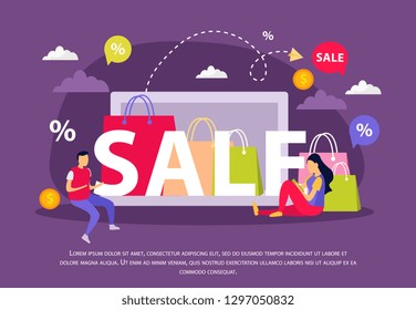 Great sale flat composition with abstract elements big sale headline and percentage icons vector illustration