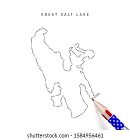 Great Salt Lake vector map pencil sketch. Great Salt Lake outline contour map with 3D pencil in american flag colors. Freehand drawing vector, hand drawn sketch isolated on white.