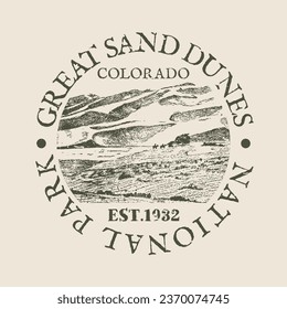 Great Sand Dunes, National Park, Colorado, Stamp Travel Passport. Design Retro Symbol Country. Old Vintage Postmark.
