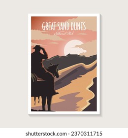 Afiche del parque nacional Great Sand Dunes, diseño de afiche del paisaje del desierto de vaqueros