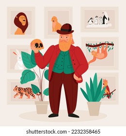 Great scientist charles darwin holding skull in background with pictures of animals flat vector illustration