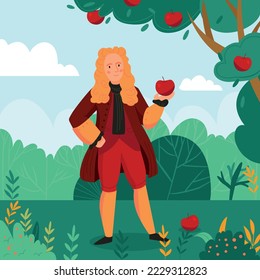 Great scientist isaac newton holding apple in garden flat vector illustration