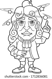 great scientist physicist Isaac Newton, coloring book, funny illustration