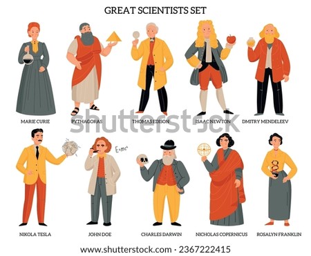 Great scientists set with pythagoras mendeleev franklin newton edison darwin isolated on white background flat vector illustration