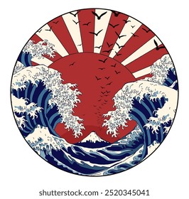 Great sea waves and Fuji mount. Red sun in the sky and flying birds. Vector graphic hand drawn colorful illustration in Asian style. Circle shape design. 