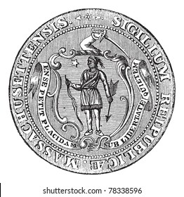 Great Seal of the Commonwealth of Massachusetts or the Seal of the Republic of Massachusetts, United States, vintage engraving. Isolated on a white background. Trousset Encyclopedia