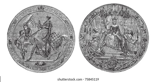 Great Seal of England by Queen Victoria vintage engraving. Old engraved illustration of the Victorian Great seal of Britain. Written Defensor Victoria Gratia Britanniarum Regina. Isolated on white