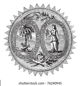 Great seal or hallmark of South Carolina vintage engraving. Old engraved illustration of the Great seal of South Carolina.