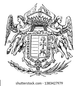 The Great Seal of Hungary is a Hungarian Coat of Arms, vintage line drawing or engraving illustration.