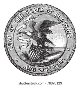 Great Seal of the State of Illinois , USA, vintage engraving. Old engraved illustration of Great Seal of the State of Illinois isolated on a white background. Trousset encyclopedia (1886 - 1891)