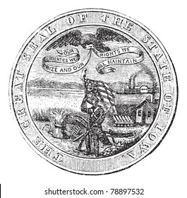 Great Seal of the State of Iowa, USA, vintage engraving. Old engraved illustration of Great Seal of the State of Iowa isolated on a white background. Trousset encyclopedia (1886 - 1891)