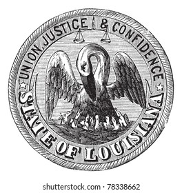 Great Seal of the State of Louisiana, USA, vintage engraving. Old engraved illustration of Great Seal of the State of Louisiana  isolated on a white background. Trousset Encyclopedia