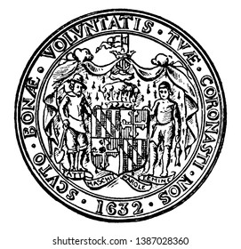 The Great Seal of the State of Maryland. The seal is a shield being held by plowman and a fisherman, and the motto Fatti maschii, parole femine means Strong deeds, gentle words, vintage line drawing
