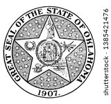 The Great Seal of the State of Oklahoma, 1907, this seal shows star of five points, in center two men facing each other and shaking hands, vintage line drawing or engraving illustration 