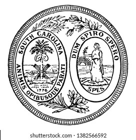 El Gran Sello del Estado de Carolina del Sur, este foco de forma circular tiene dos ovales, un oval tiene palmetto y lanzas, otro tiene diosa caminando con laurel, amanecer, mar y espada, vintage