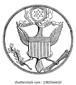 The Great Seal of the United States, this circle shape seal has bald eagle with motto E PLURIBUS UNUM has shield at its chest, and holding olive branch and arrows, stars on top, vintage line drawing